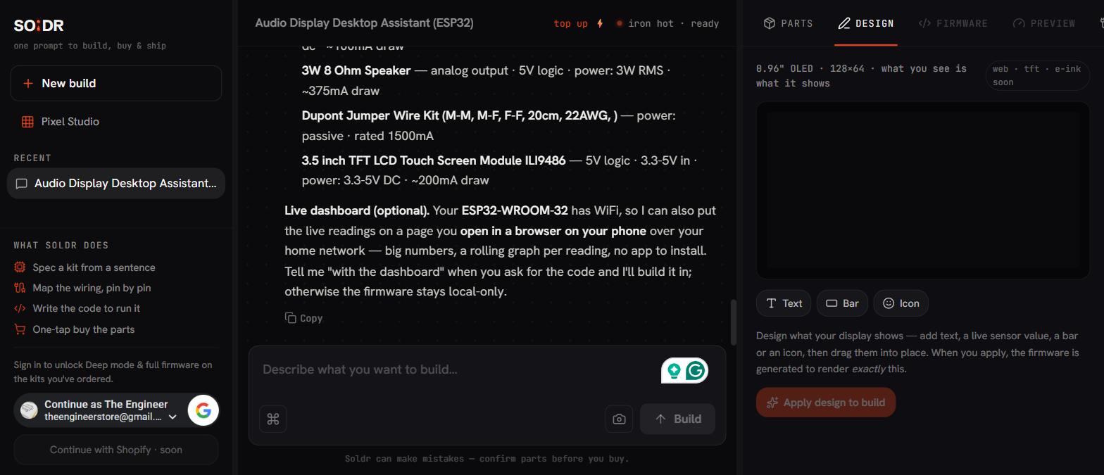 Soldr's Design tab: a 128x64 OLED preview panel, Text/Bar/Icon controls, and an Apply design to build button